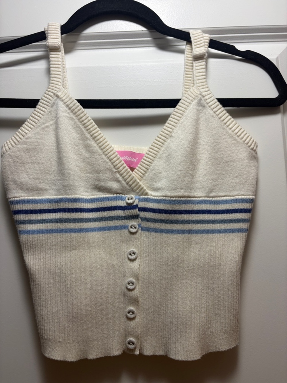 Edikted Cream Knit Button-Front Tank with Blue Stripes